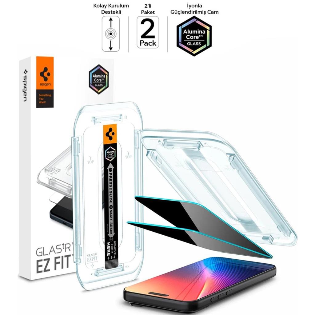 Spigen iPhone 17 Pro Max / 16 Pro Max Cam Hayalet Cam Ekran Koruyucu AluminaCore™ iyonlaştırılmış Güçlendirilmiş Cam Teknolojisi Kolay Kurulum GLAS.tR EZ Fit Privacy HD (2 Adet) - TEŞHİR