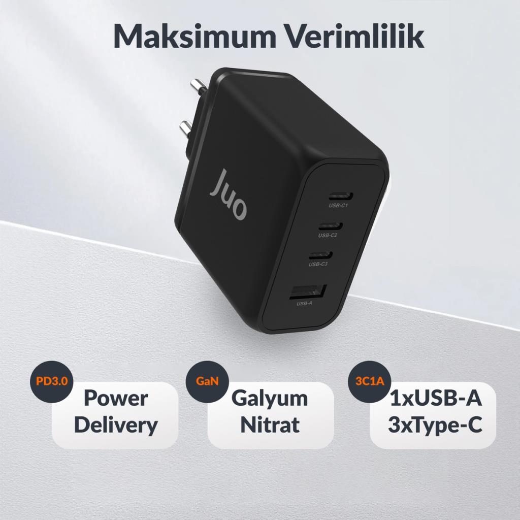 Juo 100W 4 Portlu Usb-C + Usb-A Gan Şarj Aleti iPhone & Macbook & Notebook Uyumlu Pd Type-C Hızlı Şarj Cihazı Siyah Teşhir