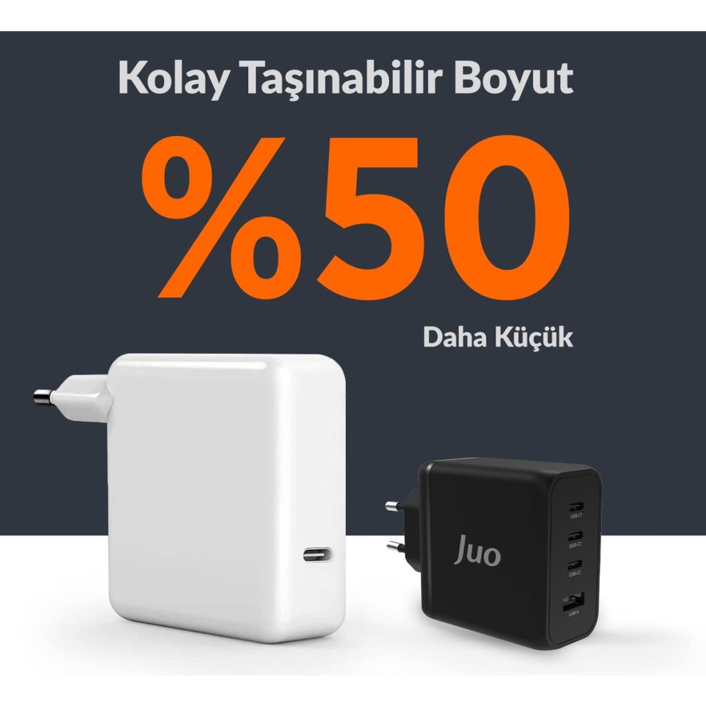 Juo 100W 4 Portlu Usb-C + Usb-A Gan Şarj Aleti iPhone & Macbook & Notebook Uyumlu Pd Type-C Hızlı Şarj Cihazı Siyah Teşhir