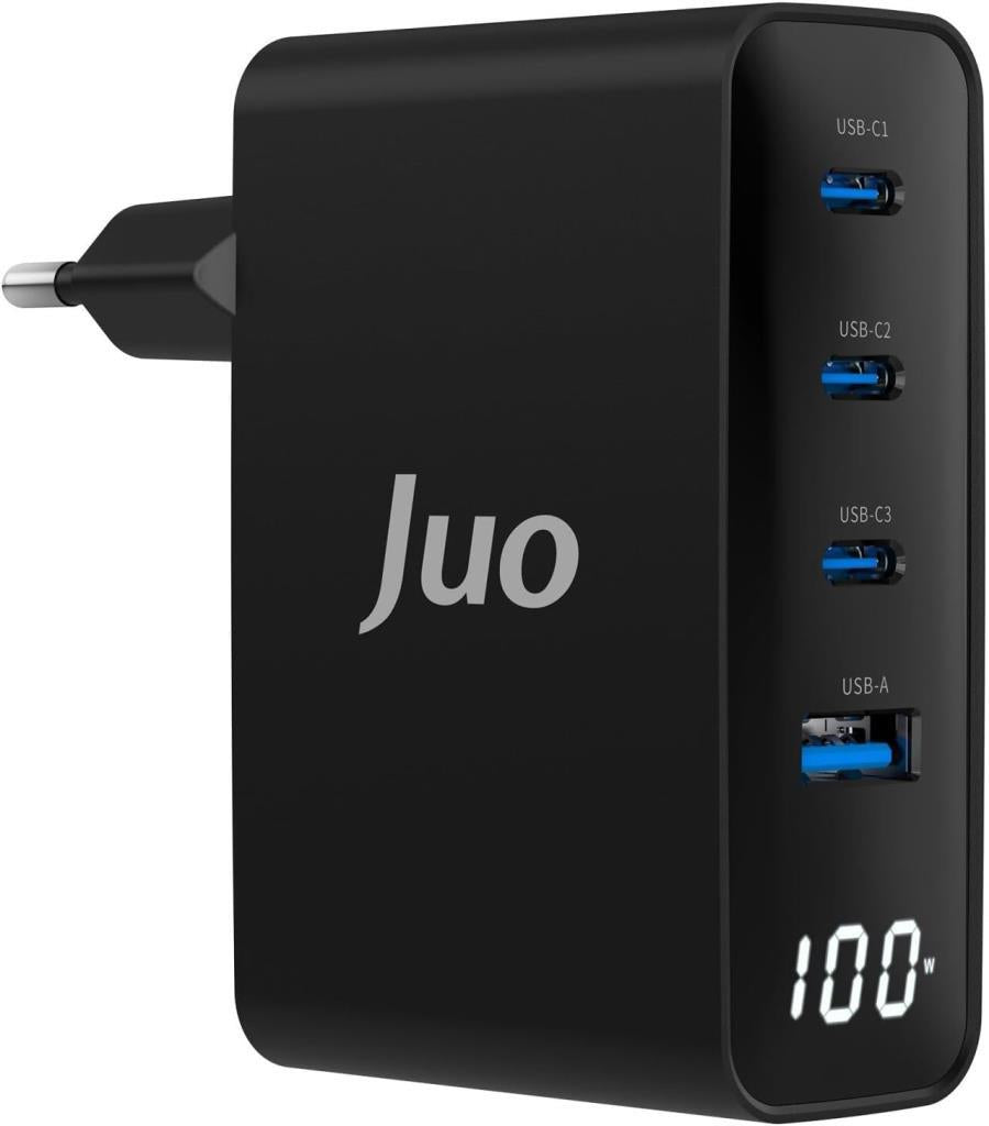 Juo 100W GaN Led Ekranlı 3 Type-C + USB-A Hızlı Şarj Cihazı iPhone & Macbook & Notebook Şarj Aleti Teşhir