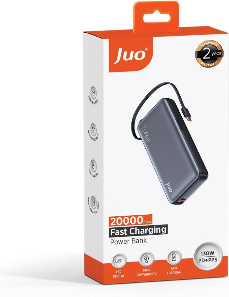 Juo 20000 mAh 130W LED Ekranlı Usb-A + Type-C Kablolu Powerbank Taşınabilir Hızlı Şarj Cihazı - Siyah Teşhir
