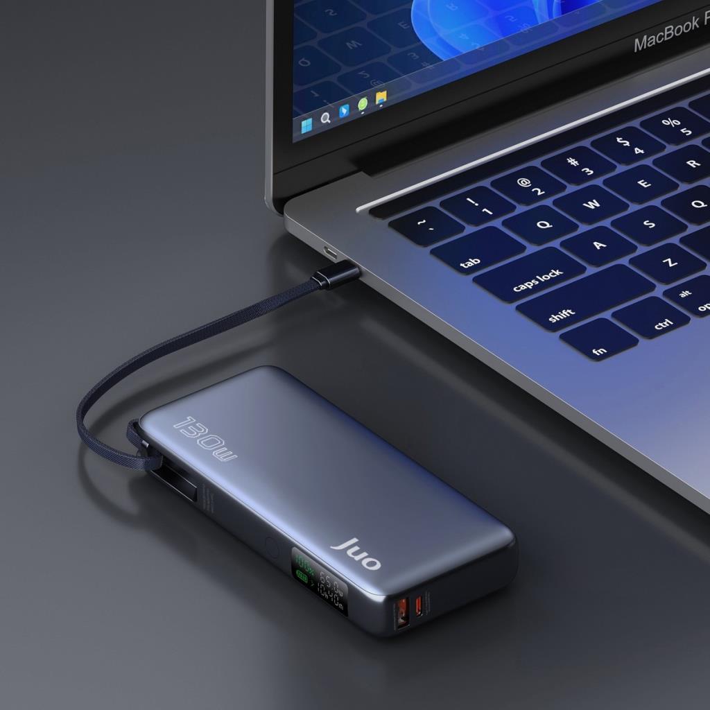 Juo 20000 mAh 130W LED Ekranlı Usb-A + Type-C Kablolu Powerbank Taşınabilir Hızlı Şarj Cihazı - Siyah