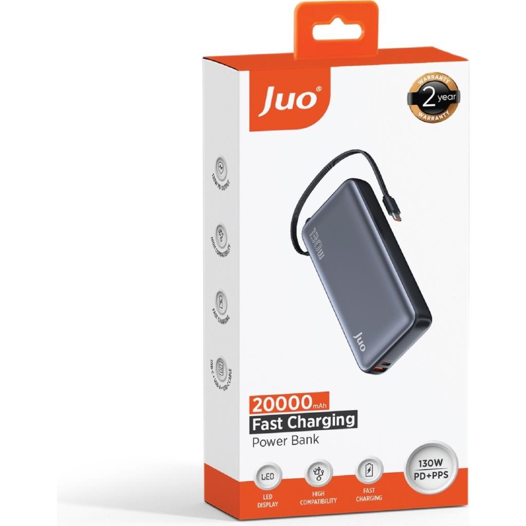 Juo 20000 mAh 130W LED Ekranlı Usb-A + Type-C Kablolu Powerbank Taşınabilir Hızlı Şarj Cihazı - Siyah