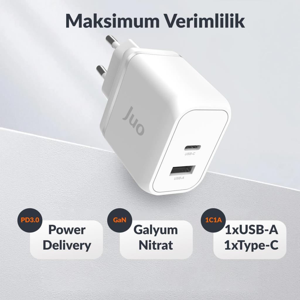 Juo 45W GaN USB-C + USB-A Şarj Aleti iPhone & iPad & Macbook & Samsung PPS Type-C Hızlı Şarj Cihazı