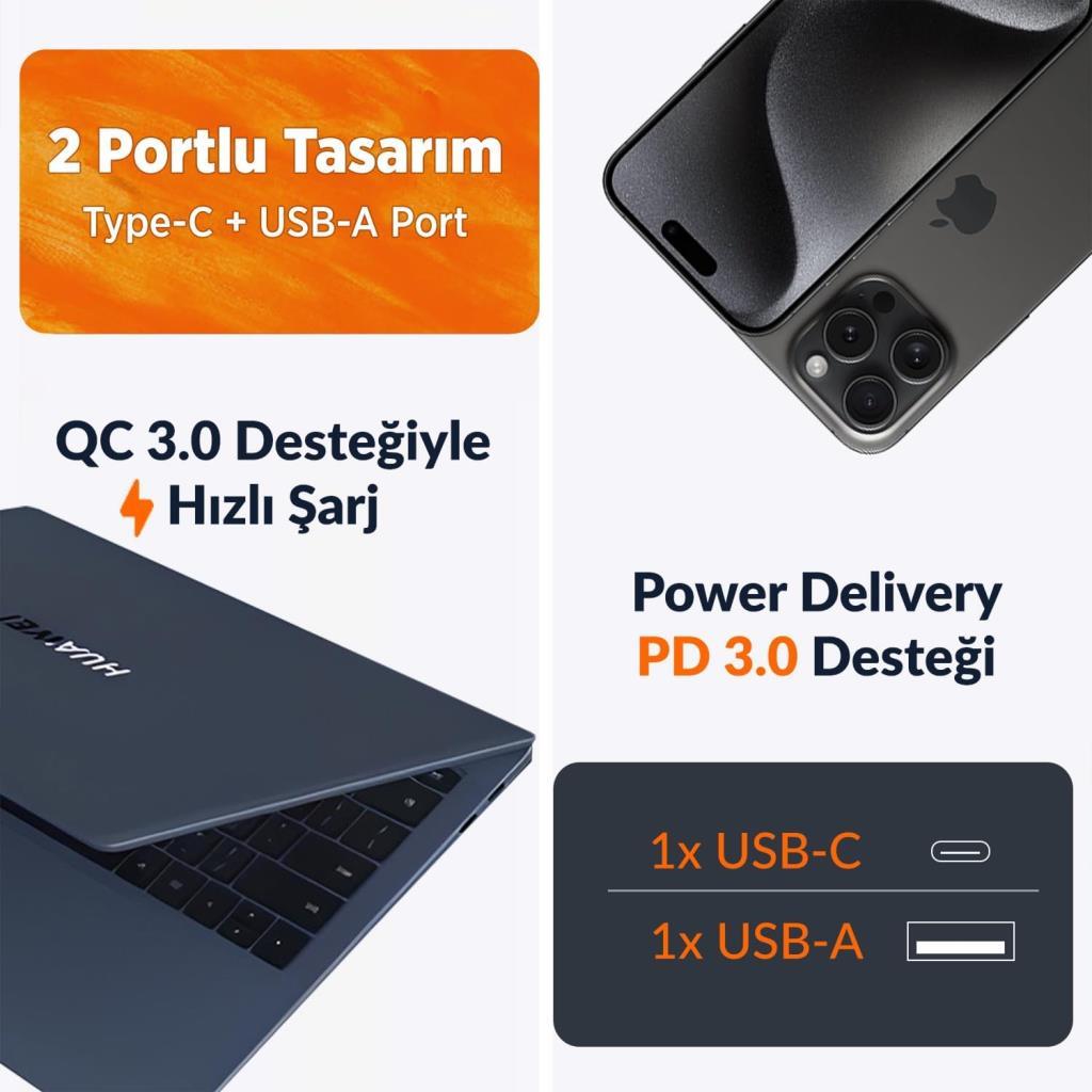 Juo 45W GaN USB-C + USB-A Şarj Aleti iPhone & iPad & Macbook & Samsung PPS Type-C Hızlı Şarj Cihazı