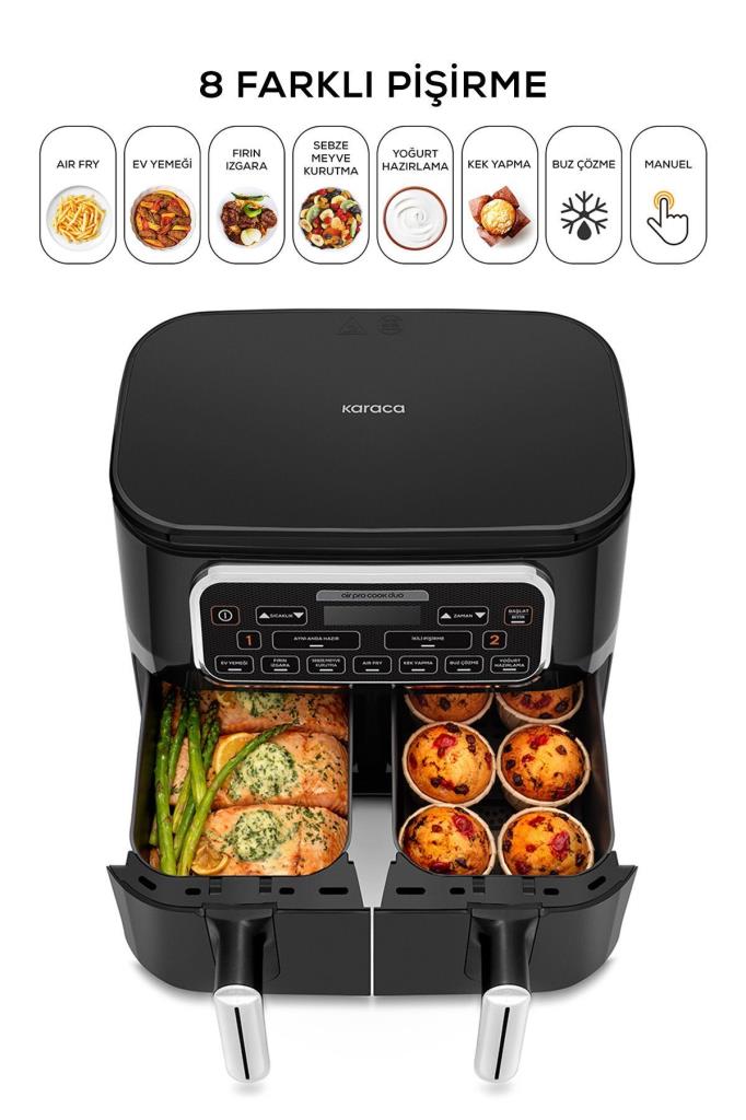 Karaca Air Pro Cook Duo Ev Yemeği XXXL 8 lt Black Chrome Yağsız Fritöz Teşhir