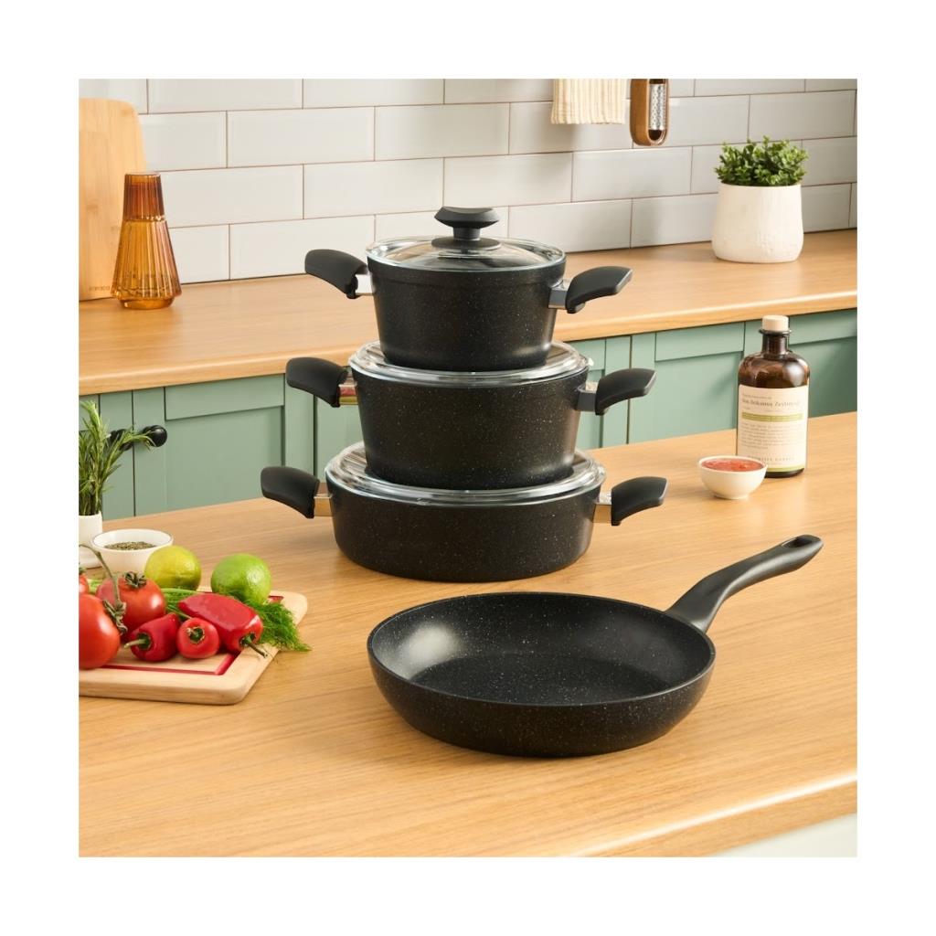 Karaca Biogranit Defne V2 7 Parça Tencere ve Tava Seti Siyah