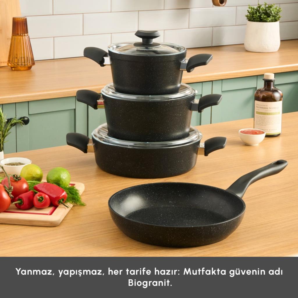 Karaca Biogranit Defne V2 7 Parça Tencere ve Tava Seti Siyah