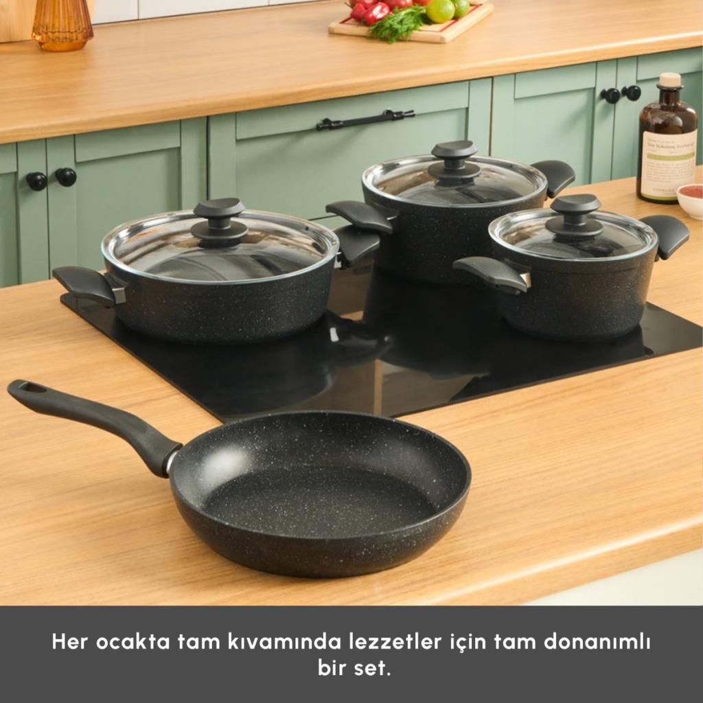 Karaca Biogranit Defne V2 7 Parça Tencere ve Tava Seti Siyah