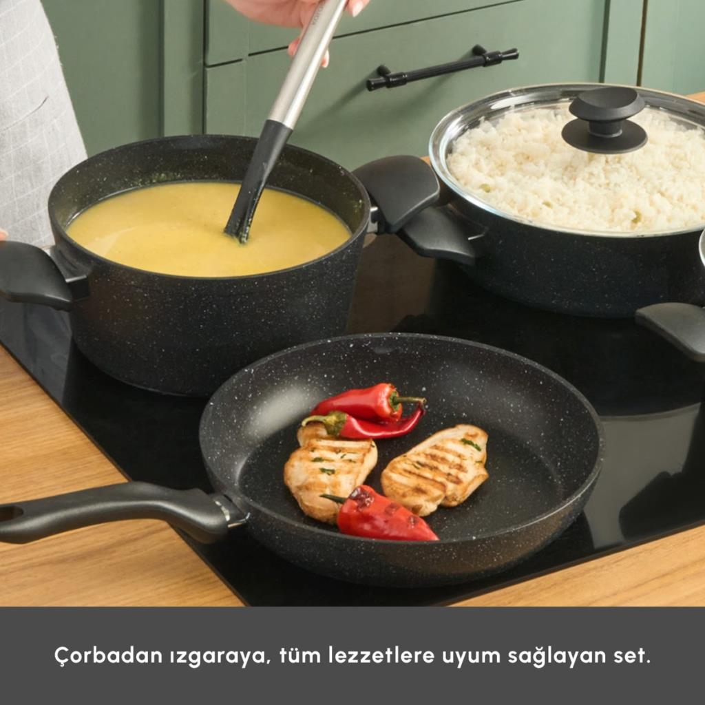 Karaca Biogranit Defne V2 7 Parça Tencere ve Tava Seti Siyah