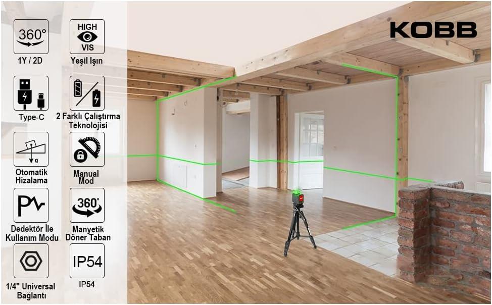 Kobb KBL33G 40 mt Şarjlı Otomatik Hizalamalı Yeşil Çapraz Çizgi Lazeri Outlet