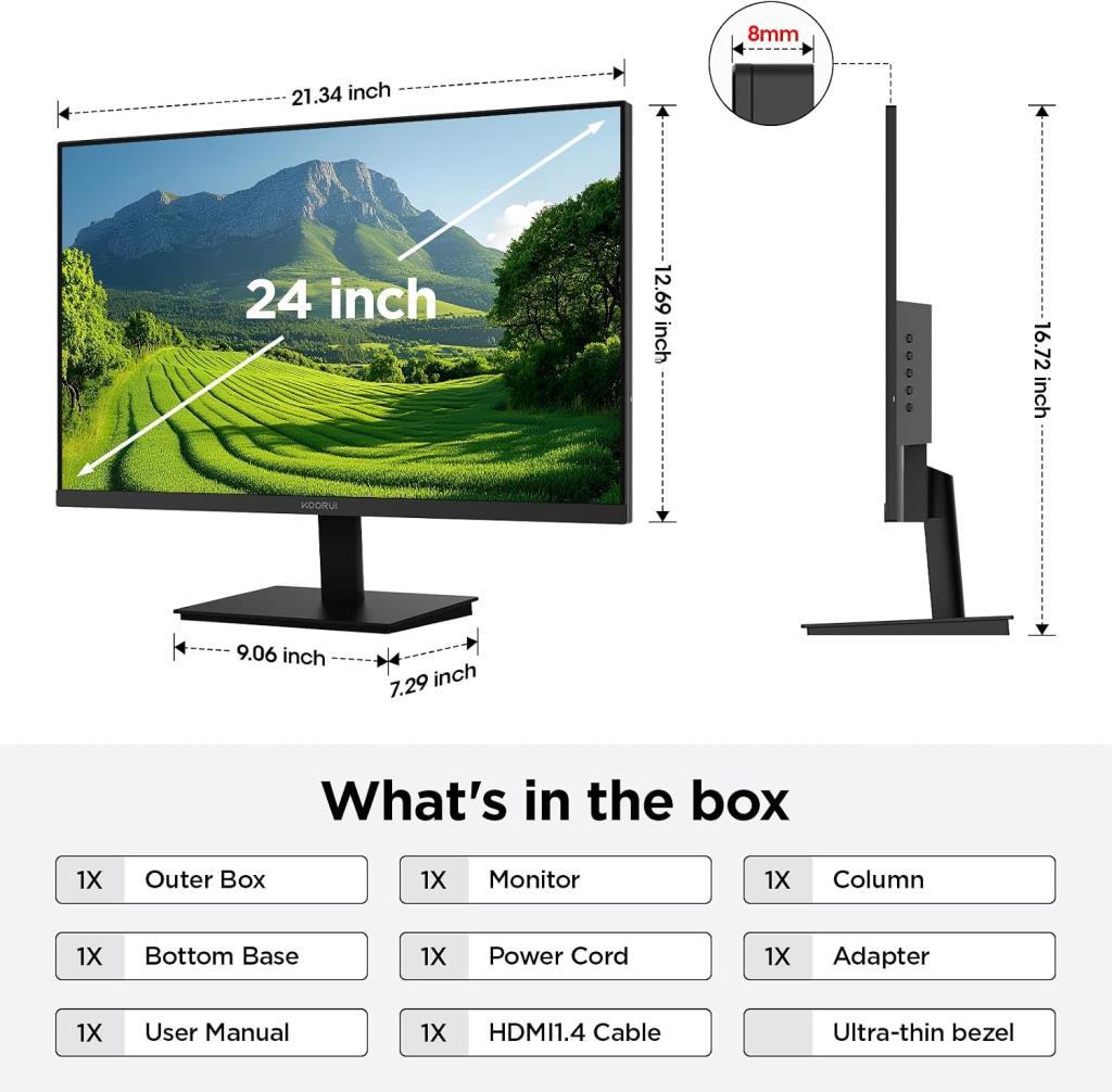 KOORUI 24 inç Bilgisayar Monitörü Full HD 1920 x 1080p VA Ekran 75Hz 3000:1 Kontrast Oranı HDMI, VGA, Çerçevesiz, 75 x 75 mm VE