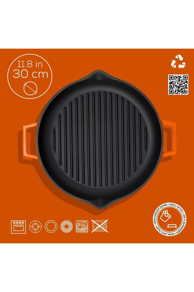 Lava Yekpare Çift Kulplu Turuncu Yuvarlak Döküm Izgara Tava 30 cm