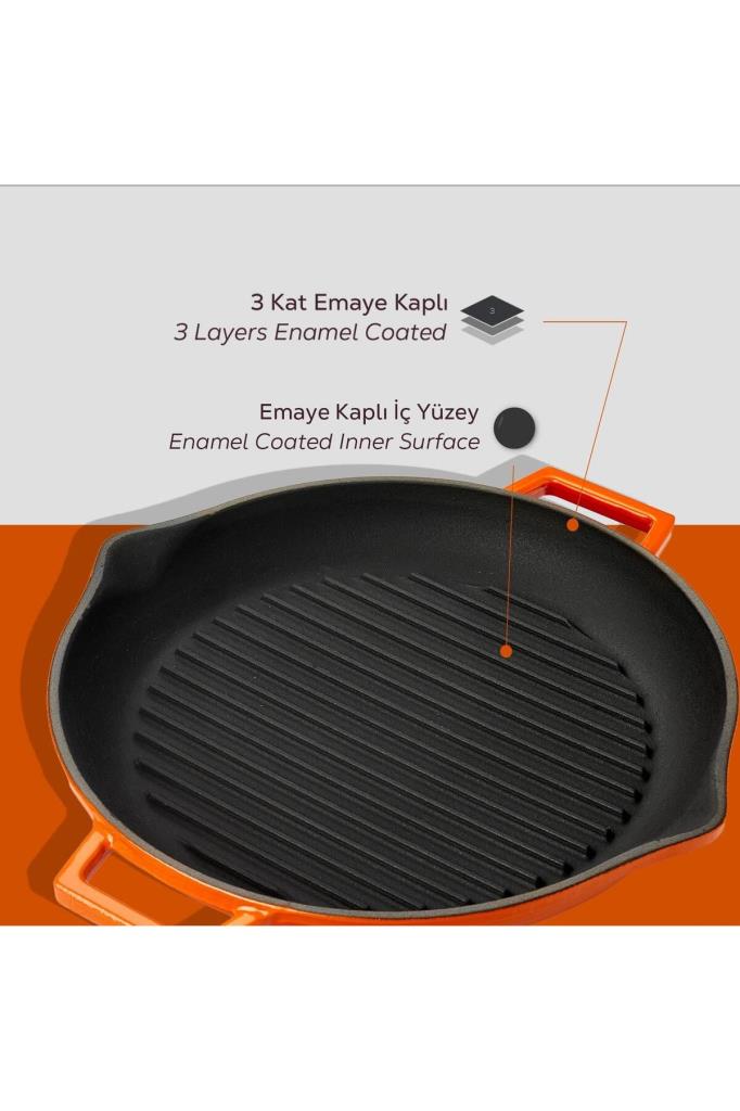 Lava Yekpare Çift Kulplu Turuncu Yuvarlak Döküm Izgara Tava 30 cm