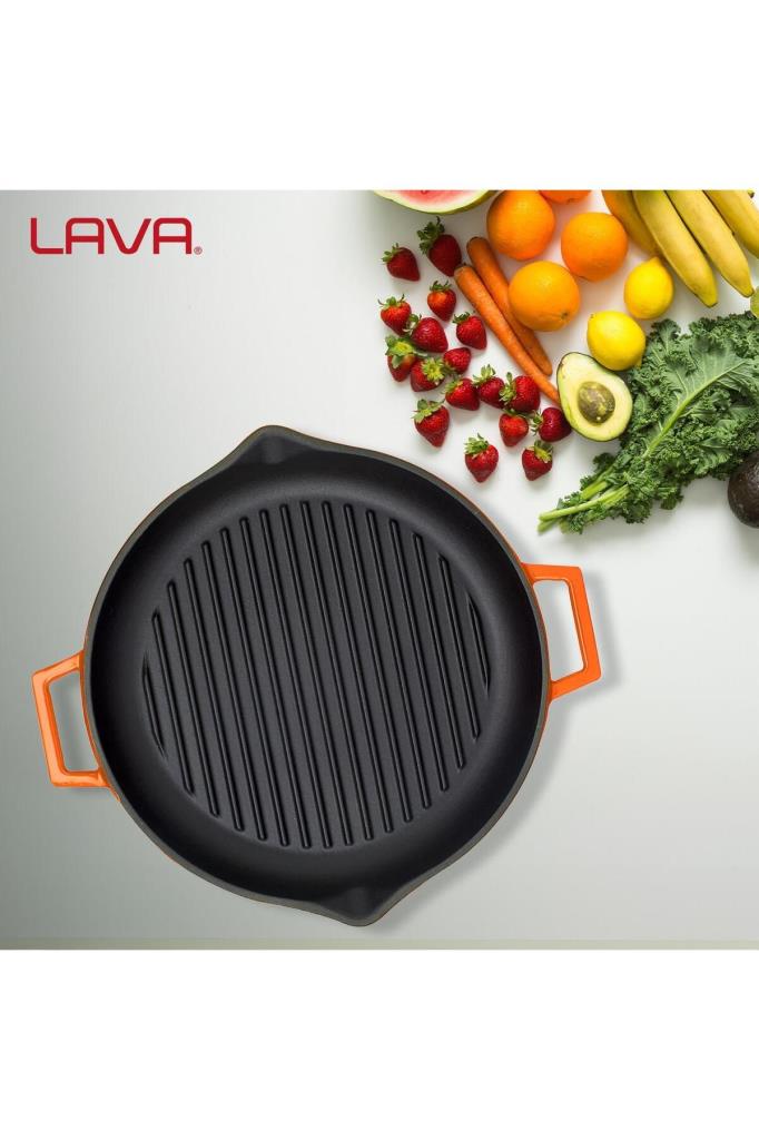 Lava Yekpare Çift Kulplu Turuncu Yuvarlak Döküm Izgara Tava 30 cm
