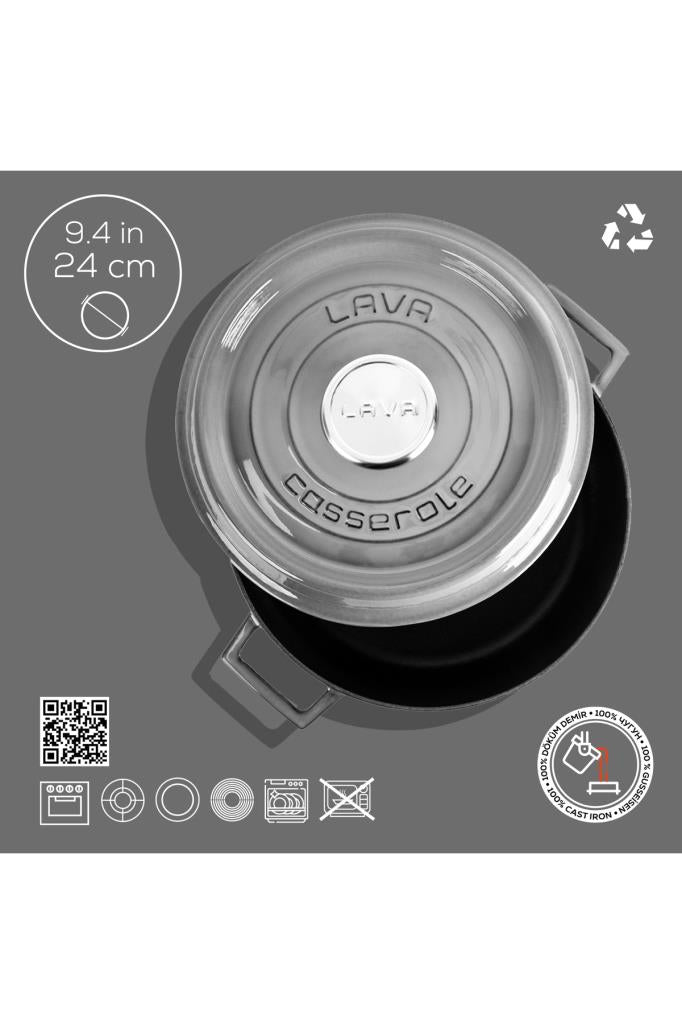 Lava Premium Majolica Grey 24 cm Multi-purpose Shallow Cast Iron Casserole Display