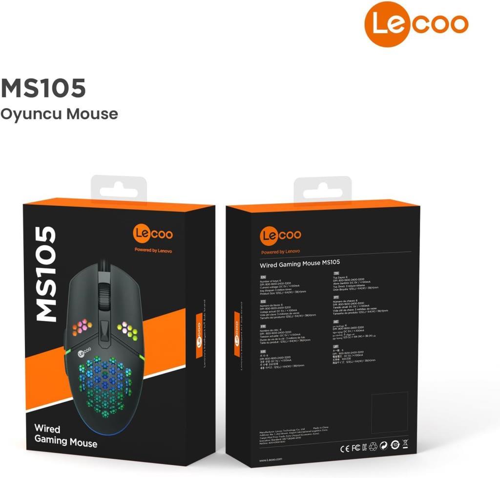 Lenovo Lecoo MS105 RGB Ergonomik Optik Kablolu Oyuncu Mouse Teşhir