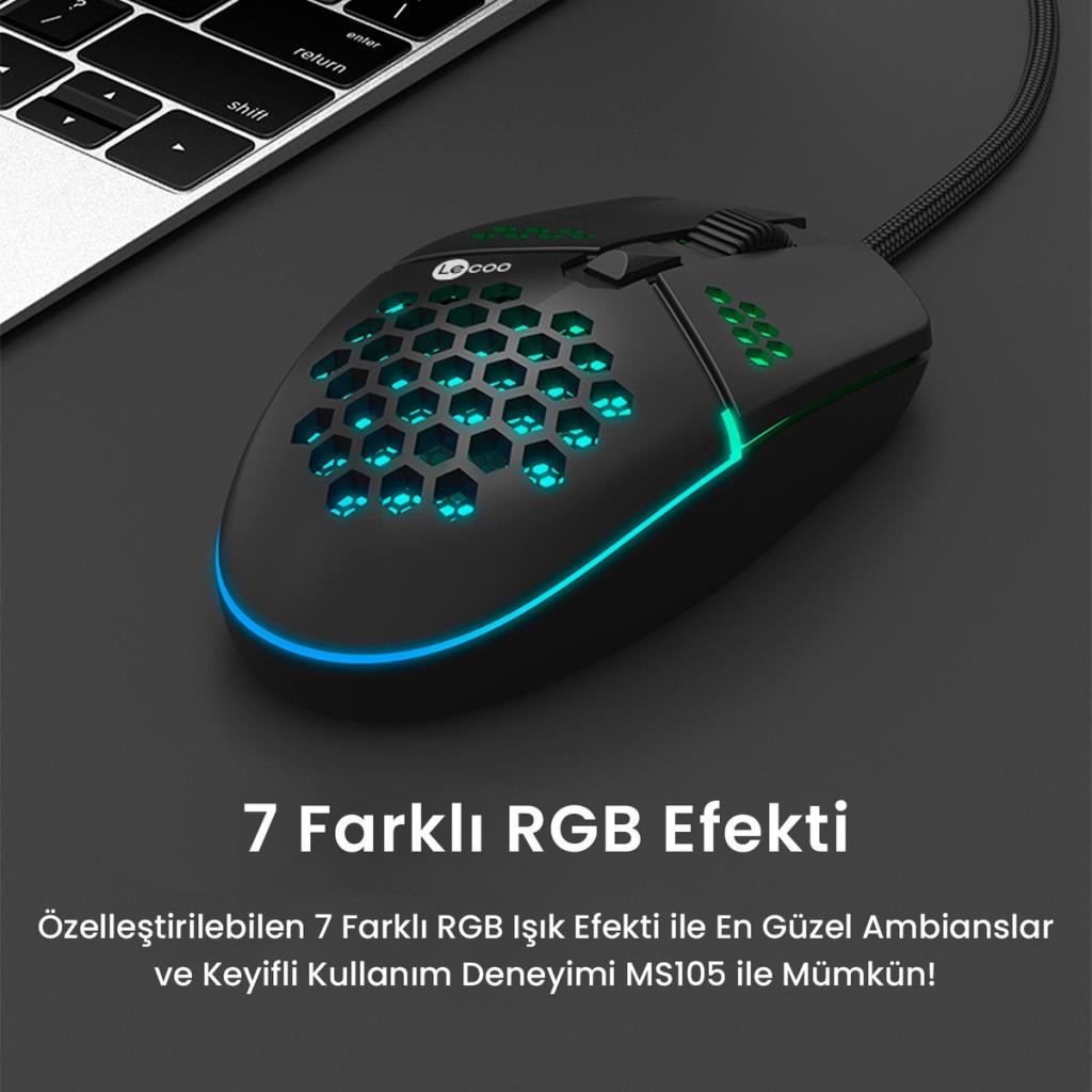 Lenovo Lecoo MS105 RGB Ergonomik Optik Kablolu Oyuncu Mouse