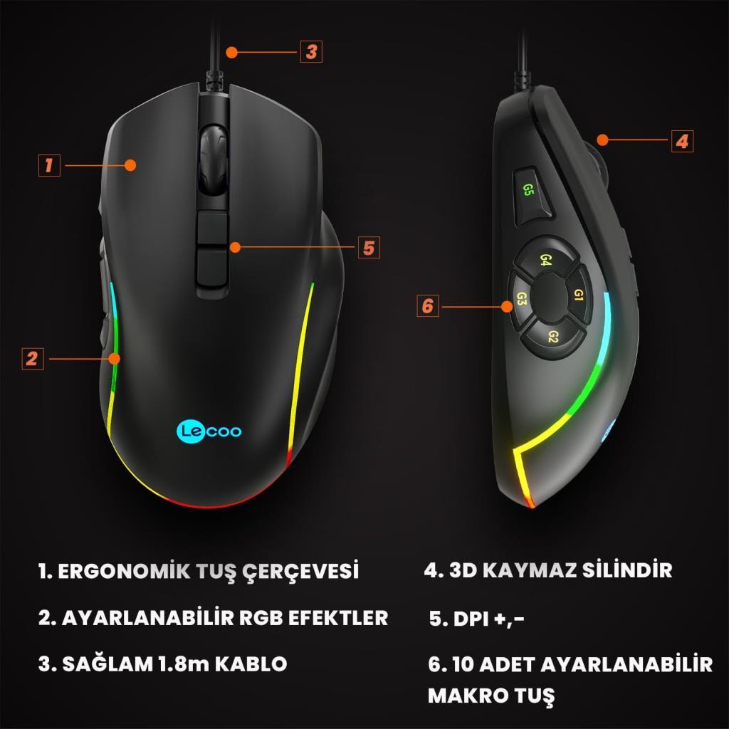 Lenovo Lecoo MS140 RGB Ergonomik Makrolu Optik Kablolu Oyuncu Mouse Teşhir