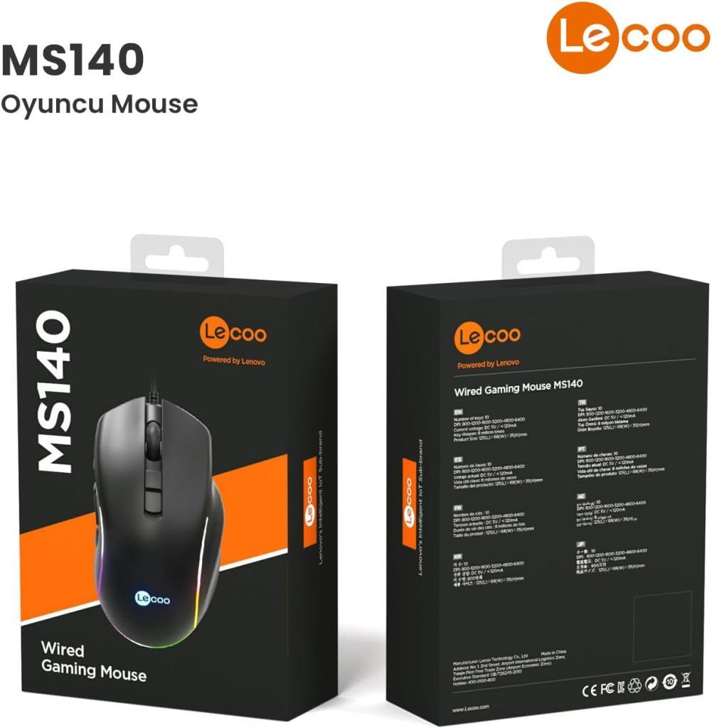 Lenovo Lecoo MS140 RGB Ergonomik Makrolu Optik Kablolu Oyuncu Mouse Teşhir