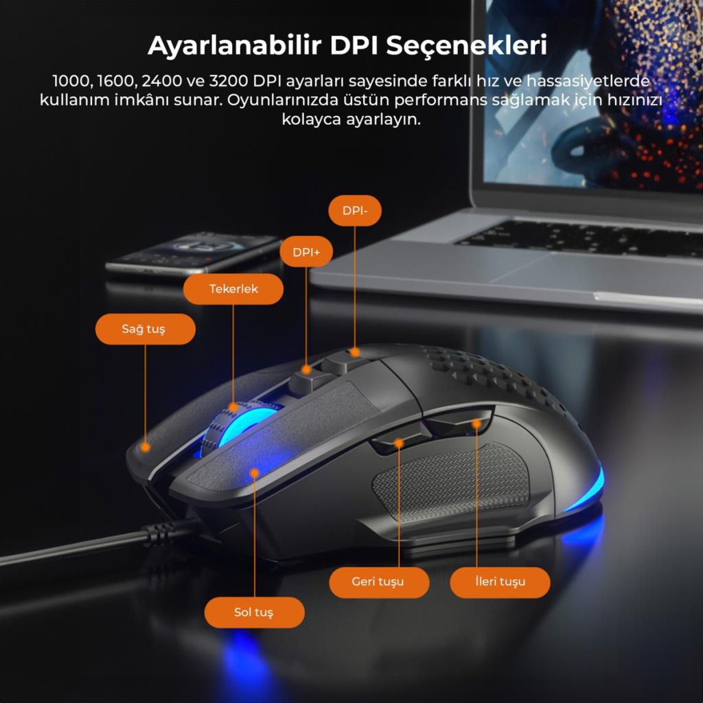 Lenovo Lecoo MS107 RGB Ergonomik Optik Kablolu Oyuncu Mouse - Teşhir