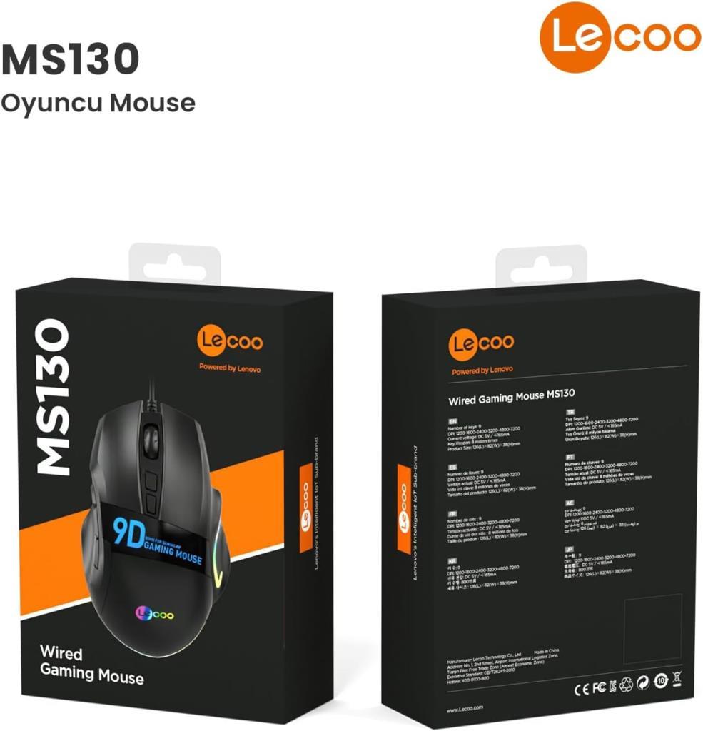 Lenovo Lecoo MS130 RGB Ergonomik Makrolu Optik Kablolu Oyuncu Mouse Teşhir