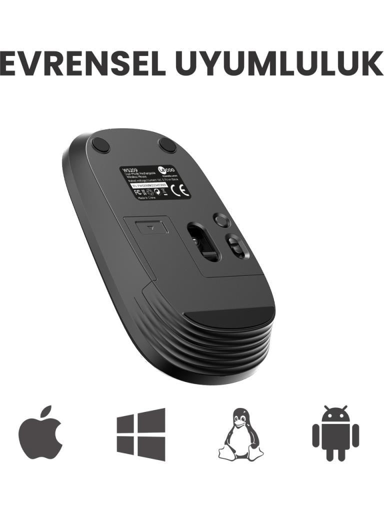 Lenovo Lecoo WS209 Siyah Şarjlı Sessiz Ergonomik Optik Kablosuz Mouse Teşhir