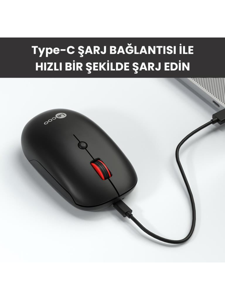Lenovo lecoo WS211 Siyah Şarjlı Sessiz Ergonomik Optik Kablosuz Mouse Teşhir