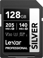 Lexar Profesyonel SILVER SD Kart 128 GB, 205 MB/s'ye Kadar Okuma, 140 MB/s Yazma, SD3.0, V30, U3, C10 SDXC Kart, DSLR, Kameralar, Profesyonel Fotoğrafçı, Kamera, Meraklısı için UHS-I SD Hafıza Kartı Outlet