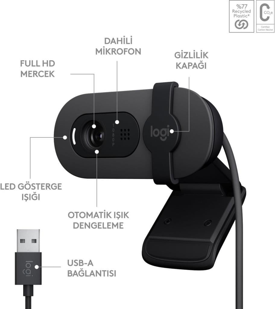 Logitech Brio 100 Siyah Full HD 1080P Mikrofonlu Webcam