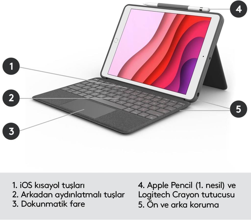 LOGITECH COMBO TOUCH DOKUNMATİK PANELLİ KLAVYELİ KILIF GRİ IPAD PRO 12.9 INC 5. GEN. 920-010186 - Teşhir