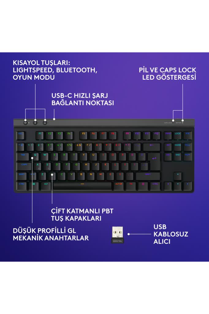 Logitech G515 Lightspeed TKL 920-012538 Siyah RGB Tactile Switch Kablolu/Kablosuz Mekanik Oyuncu Klavyesi Teşhir