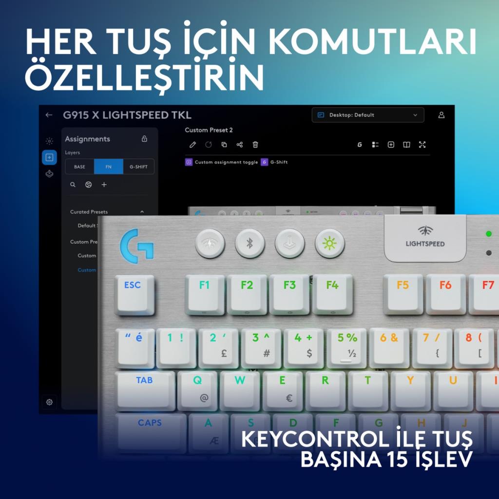 Logitech G915 X Lightspeed TKL 920-012737 Beyaz RGB Tactile Switch Kablolu/Kablosuz Mekanik Oyuncu Klavyesi Teşhir