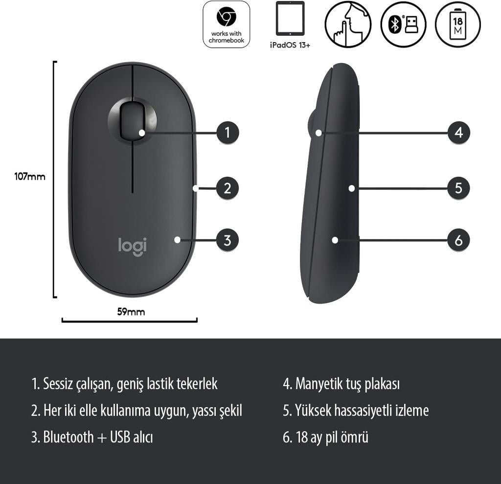 Logitech Pebble M350 910-005718 Siyah Sessiz Optik Kablosuz Mouse-TEŞHİR