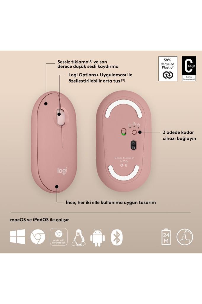 Logitech Pebble 2 M350S 910-007014 Pembe Sessiz Optik Kablosuz Mouse