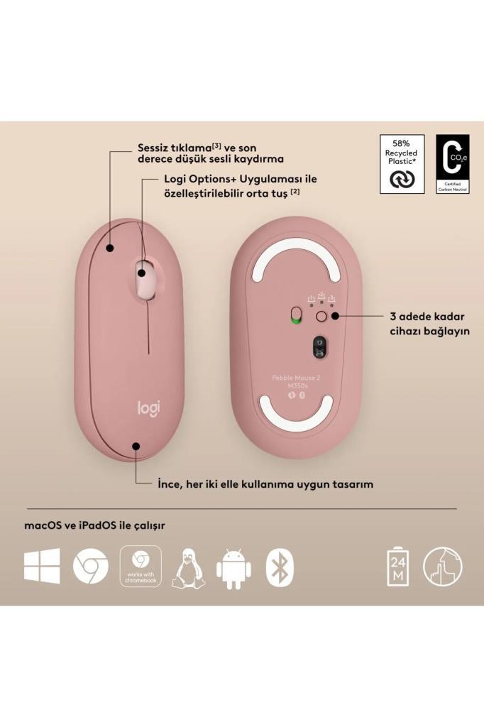 Logitech Pebble 2 M350S 910-007014 Pembe Sessiz Optik Kablosuz Mouse - outlet