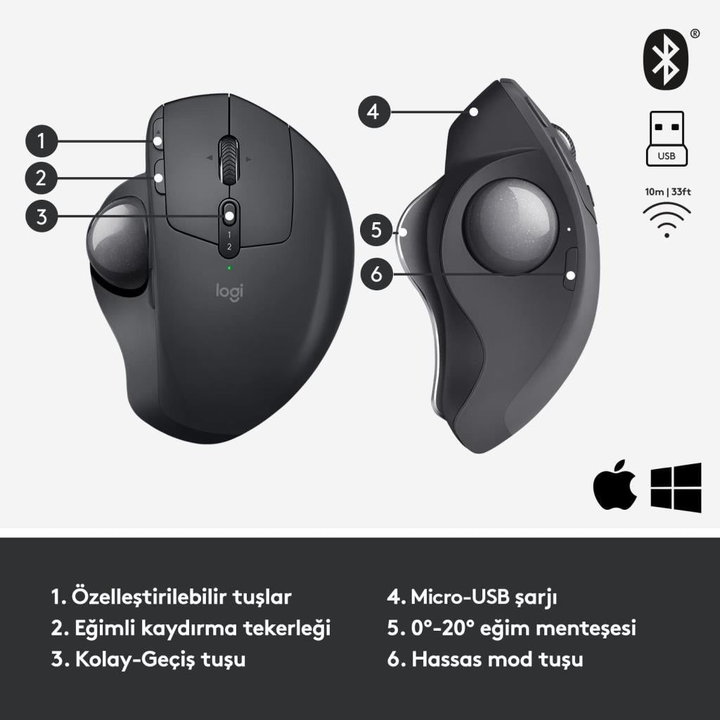 ماوس لاسلكي ضوئي مريح قابل لإعادة الشحن من Logitech Mx Ergo Trackball 910-005179 بشاشة عرض