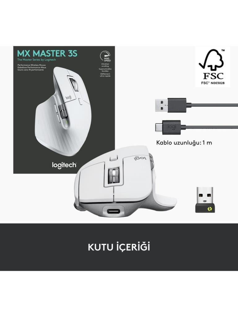 Logitech Mx Master 3S 910-006560 Açık Gri Şarjlı Sessiz Ergonomik Lazer Kablosuz Mouse - Outlet