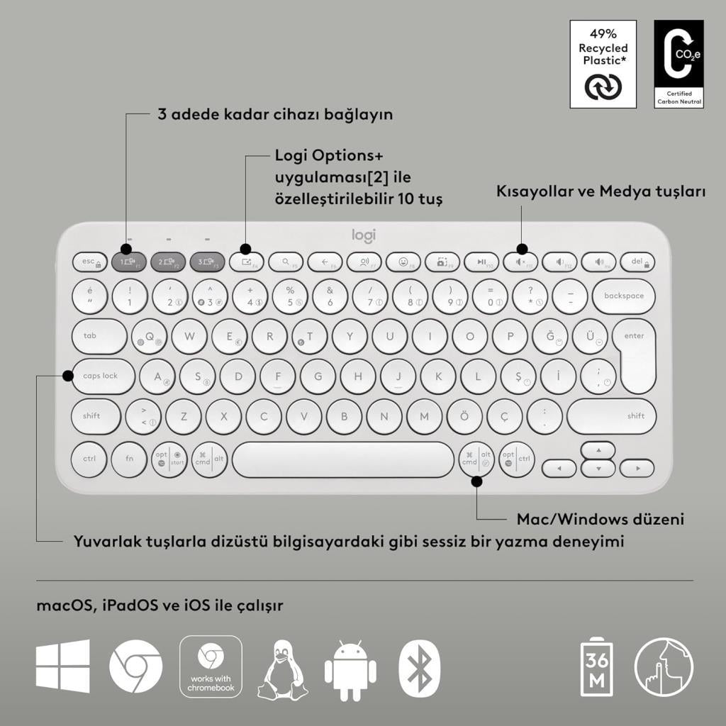 Logitech Pebble Keys 2 K380S 920-011860 Beyaz Kablosuz Klavye Outlet