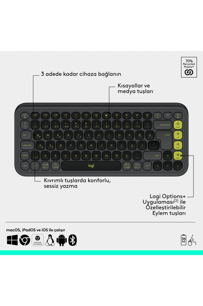 Logitech Pop Icon Combo 920-013075 مجموعة ماوس لوحة مفاتيح لاسلكية رمادية (عرض)