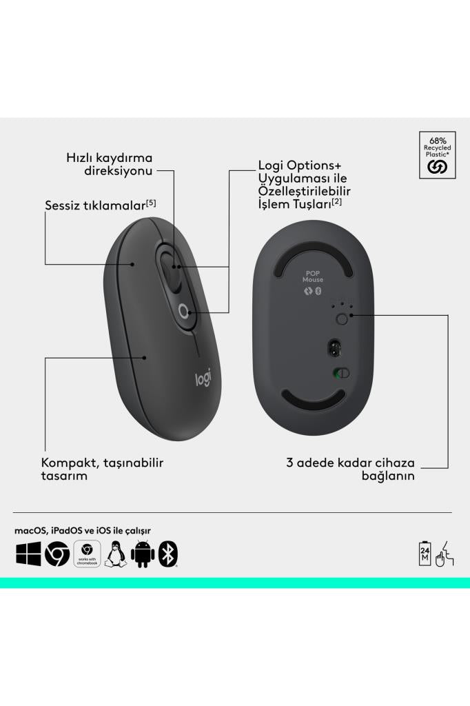 Logitech Pop Icon Combo 920-013075 مجموعة ماوس لوحة مفاتيح لاسلكية رمادية (عرض)