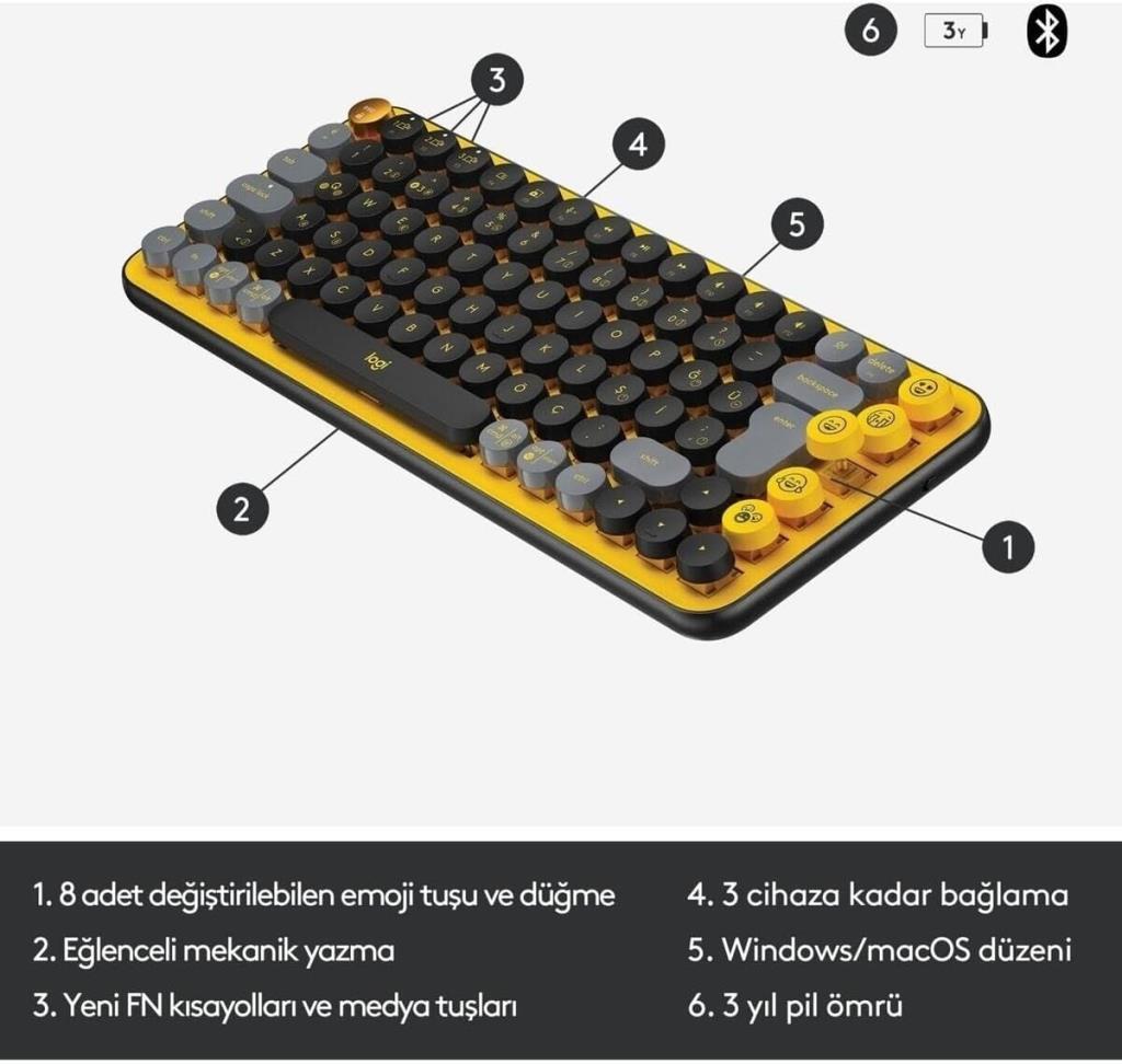 Logitech POP Keys Sarı Siyah Kablosuz Mekanik Klavye - outlet