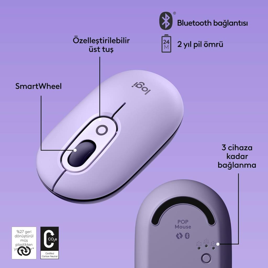 Logitech POP Emoji 910-006547 Lila Sessiz Optik Kablosuz Mouse Teşhir