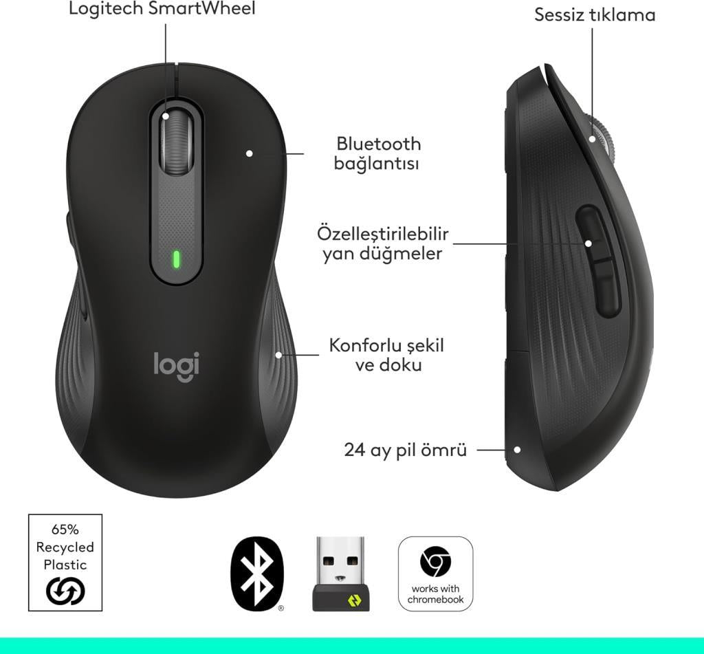 Logitech M650 Signature Sessiz Büyük Boy Sağ El Optik Kablosuz Mouse - Teşhir