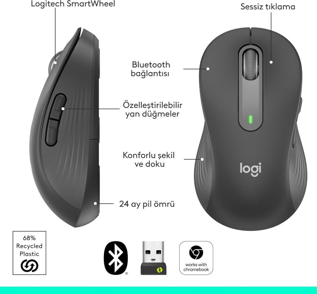 Logitech M650 Signature 910-006236 Siyah Sessiz Büyük Boy Sol El Optik Kablosuz Mouse Teşhir