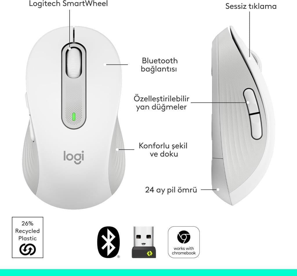 Logitech M650 Signature 910-006255 Beyaz Sessiz Küçük Boy Sağ El Kablosuz Mouse Outlet