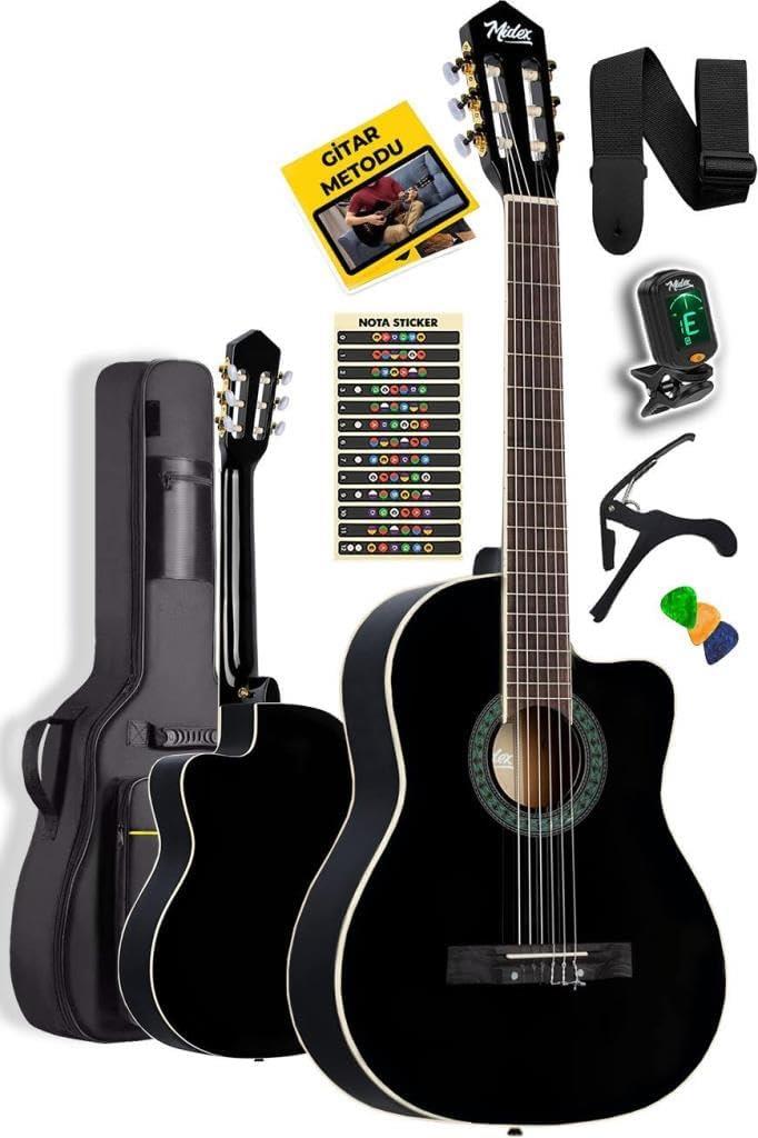 Midex MGX-100BK-BAG Üst Seviye Klasik Gitar 4/4 Sap Ayarlı Gül Klavye (Tuner Çanta Askı Capo Metod Pena) Outlet
