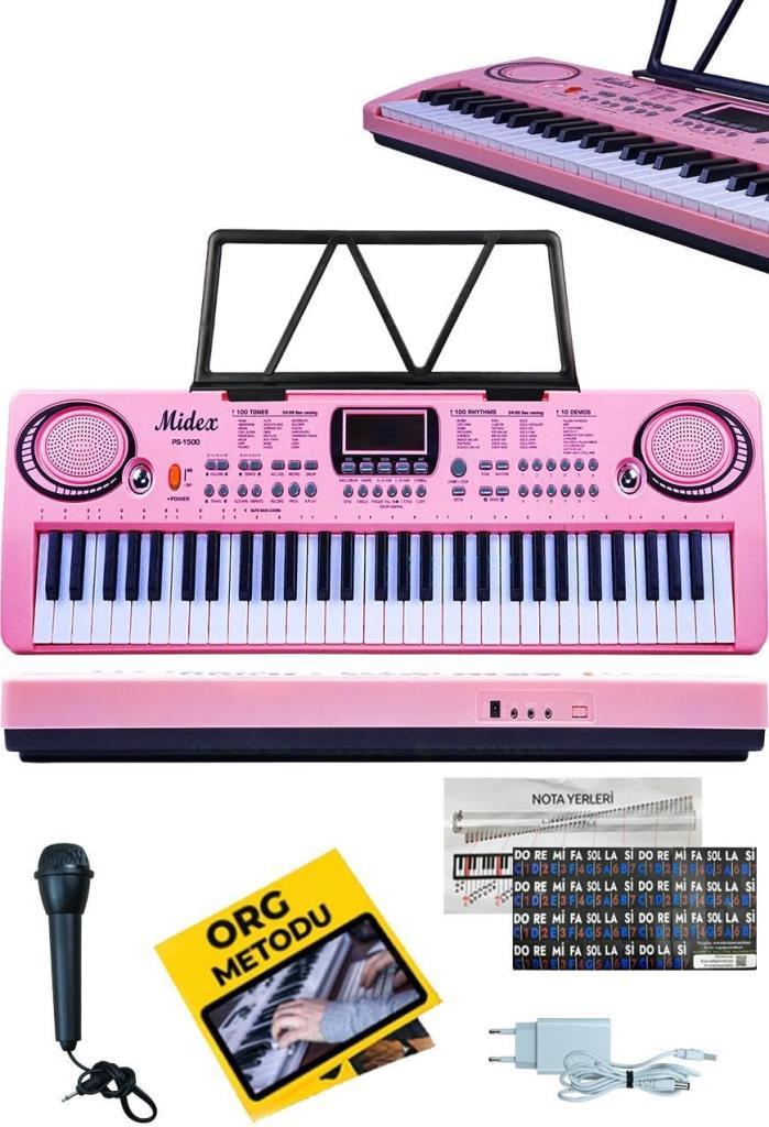 Midex PS-1500PK Başlangıç İçin 61 Tuşlu Org Pembe Renk Notalık Adaptör Mikrofon (100 Ses 100 Ritim) Teşhir