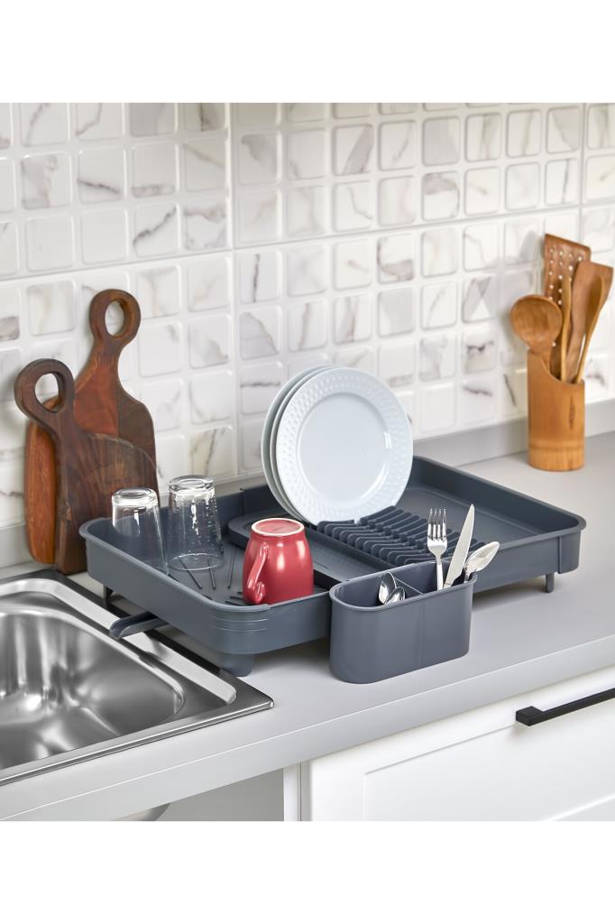 Miss Collection Açılır Kapanır Bulaşıklık Tabaklık, Su Tahliye Oluklu ve Çatal Bıçak Kurutmalıklı-Modern Tasarım Plastik (Antrasit) Teşhir