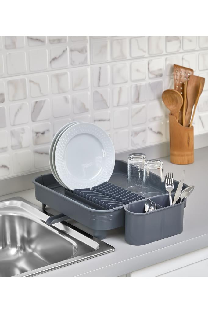 Miss Collection Açılır Kapanır Bulaşıklık Tabaklık, Su Tahliye Oluklu ve Çatal Bıçak Kurutmalıklı-Modern Tasarım Plastik (Antrasit) Teşhir